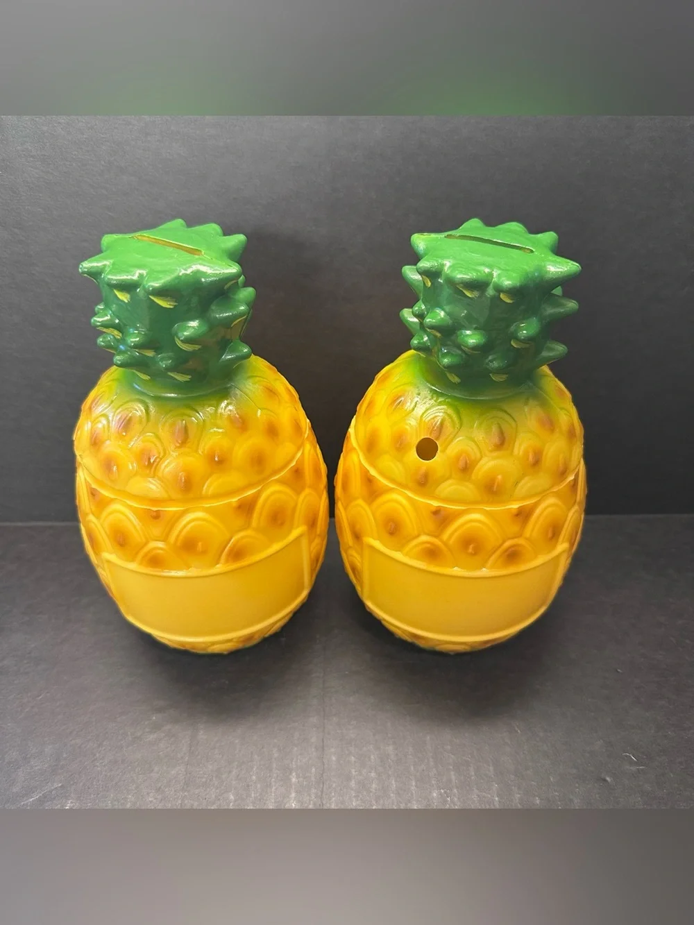 2 Vintage Pineapple Plastic Coin Bank Tumbler Cups Progressive Glass Tiki DIY